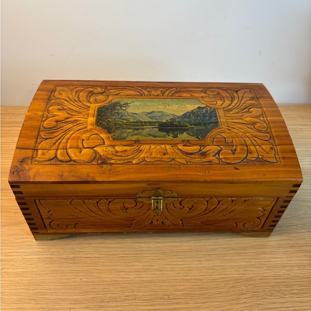 Vintage Hand-Carved Wooden Dovetail Box Scenic Inlay Mirror - Honey Brown